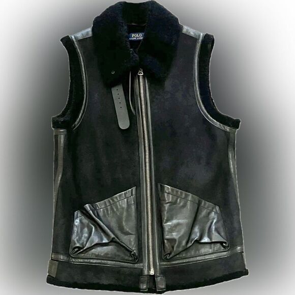 Polo Ralph Lauren Black Unisex Portuguese Lamb Shearling Aviator Vest - Picture 3 of 16